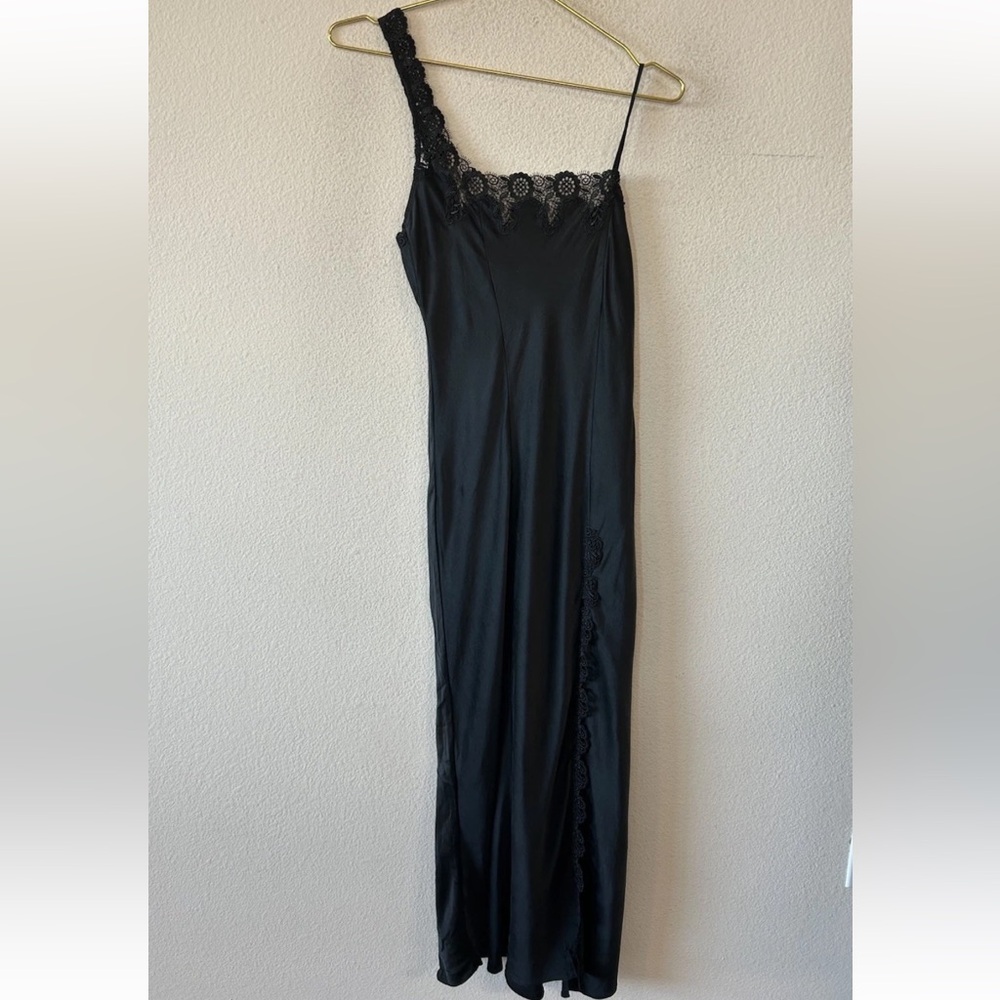 Vintage Y2K Black Silk Slip Dress Lace One Shoulder Maxi Goth S/M - Picture 6 of 13